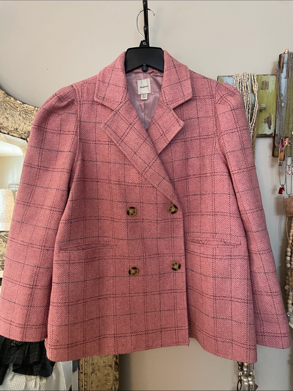 Anthropologie Maeve Pink Plaid Double-Breasted Blazer